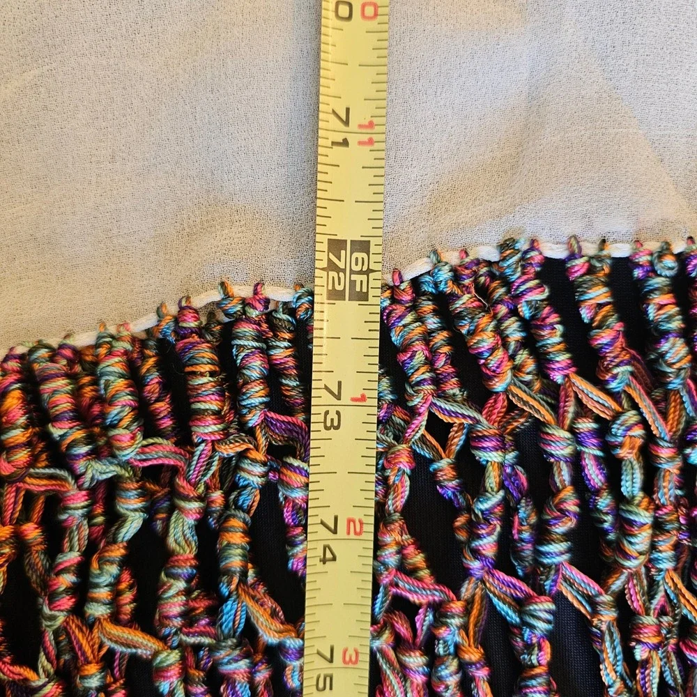 Cream Sheer Scarf with Rainbow Macrame Hand Knotted Tassel Fringe Boho 96 Inch